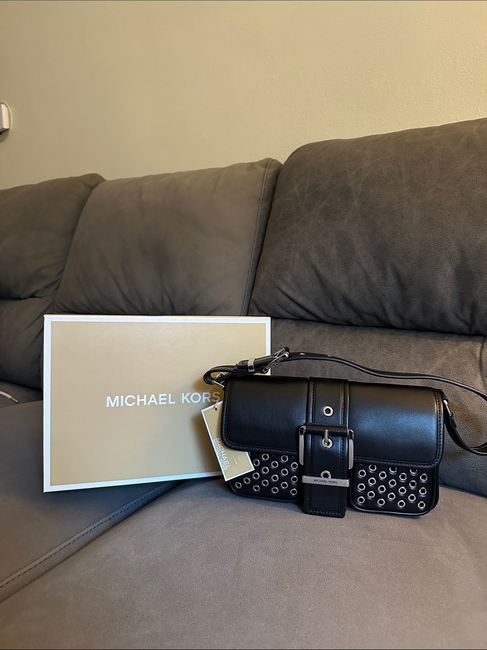 Michael Kors Black Leather Grommet Buckle Crossbody